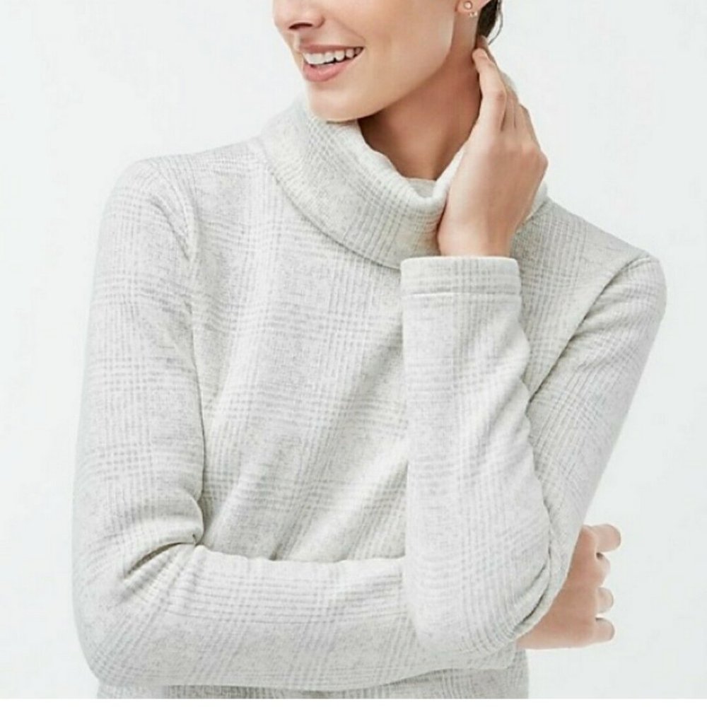 J.CREW GRAY WHITE GLEN PLAID FUNNEL NECK PULLOVER SWEATSHIRT